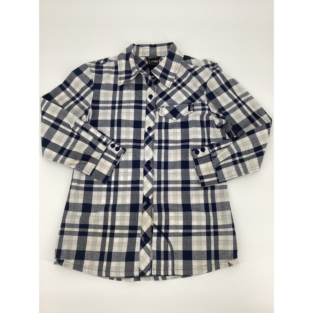 The North Face Womens XS Plaid Button Down Shirt Navy Blue White Long Sleeve - Picture 2 of 11